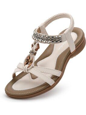 Stylish Cream White Slingback Sandals with Arch Support & Rhinestones, Size 6